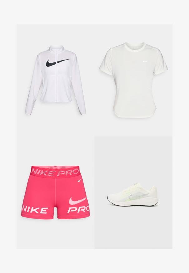Hvit Nike-jakke med lange ermer, høy krage, glidelås foran, og en fremtredende svart swoosh-logo på forsiden. Glatt, lett materiale.; Nike T-skjorte i hvit, kortermet, rund hals, laget av et glatt og lett materiale. Har en subtil logo på brystet.; Rosa idrettsshorts med bred logo-linning. Har fet hvit "NIKE" og "PRO" merking foran og et glatt, elastisk stoff.; Nike Performance DOWNSHIFTER 13 - Løpesko for vei - sail/silver-coloured photon dust/summit white/barely volt/black