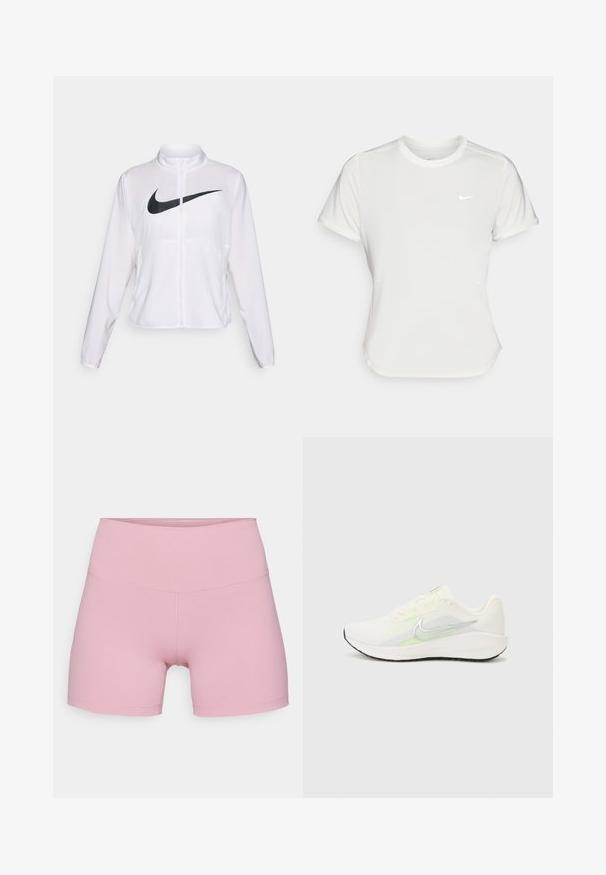 Jaqueta branca da Nike com mangas longas, gola alta, fecho de zíper e um grande logótipo swoosh preto na parte da frente. Tecido suave e leve.; T-shirt da Nike em branco, mangas curtas, decote redondo, feito de um tecido liso e leve. Apresenta um logo discreto no peito.; Nike Performance ONE SHORT - Leggings - elemental pink/black; Nike Performance DOWNSHIFTER 13 - Sapatos para corrida em estrada - sail/silver-coloured photon dust/summit white/barely volt/black
