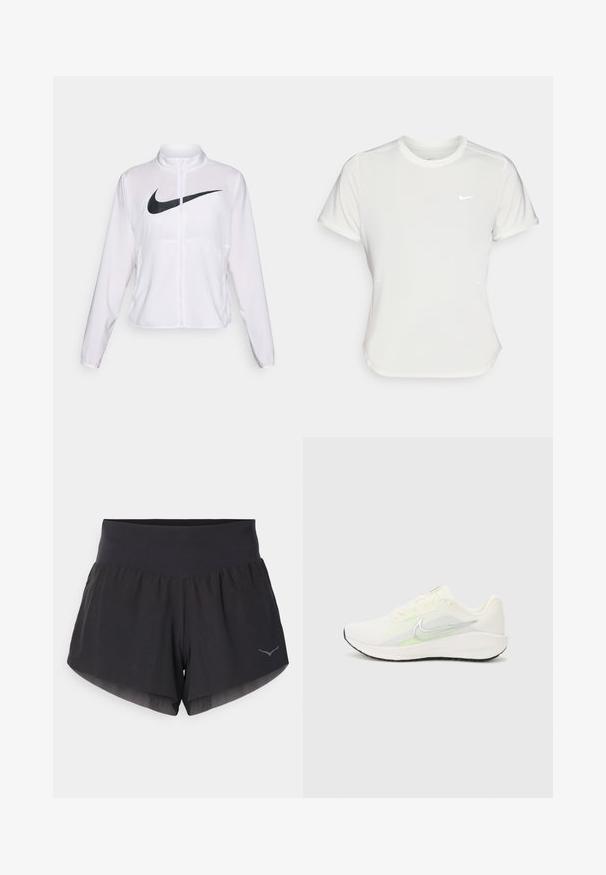 Valkoinen Nike-takki pitkillä hihoilla, korkealla kauluksella, vetoketjullinen suljenta ja suuri musta swoosh-logo edessä. Sujuva, kevyt kangas.; Nike T-paita valkoisena, lyhythihaisena, pyöreällä kaula-aukolla, valmistettu sileästä, kevyestä kankaasta. Rinnassa on huomaamaton logo.; Mustat juoksushortsit, joissa on leveä vyötärönauha, kerroksellinen muotoilu ja heijastava logohelmi. Valmistettu kevyestä, hengittävästä kankaasta.; Nike Performance DOWNSHIFTER 13 - Katujuoksukengät - sail/silver-coloured photon dust/summit white/barely volt/black