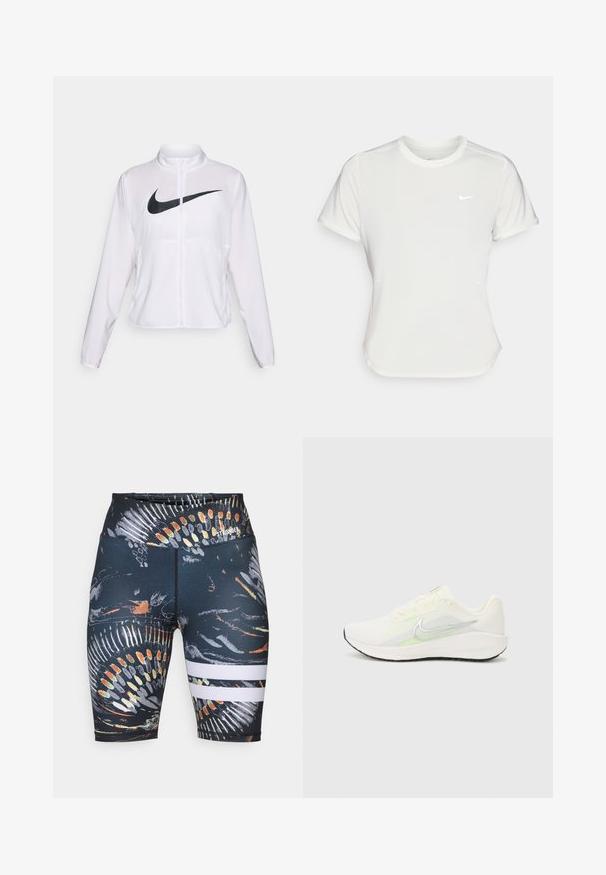 Biela bunda Nike s dlhými rukávmi, vysokým golierom, zipsom a výrazným čiernym logom swoosh na prednej strane. Hladká, ľahká tkanina.; Biele tričko Nike s krátkym rukávom a okrúhlym výstrihom, vyrobené z hladkej a ľahkej látky. Na hrudi má nenápadné logo.; Čierne športové šortky s farebnou abstraktnou potlačou. Obsahujú dva biele horizontálne pruhy blízko lemu. Vyrobené z elastického materiálu.; Nike Performance DOWNSHIFTER 13 - Cestná bežecká obuv - sail/silver-coloured photon dust/summit white/barely volt/black