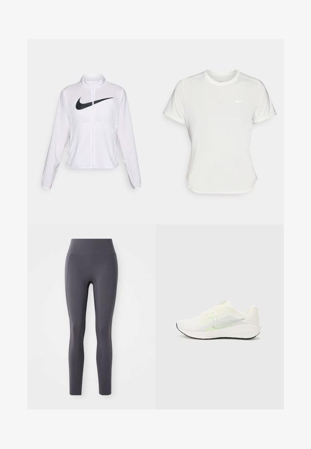 Veste blanche Nike à manches longues, col haut, fermeture éclair et un logo swoosh noir bien visible à l'avant. Tissu lisse et léger.; T-shirt Nike en blanc, à manches courtes, col rond, fabriqué dans un tissu lisse et léger. Présente un logo discret sur la poitrine.; Leggings taille haute en tissu lisse et extensible de couleur gris foncé. Présentent un design sans coutures, sans poches ni motifs visibles.; Nike Performance DOWNSHIFTER 13 - Chaussures de running sur route - sail/silver-coloured photon dust/summit white/barely volt/black