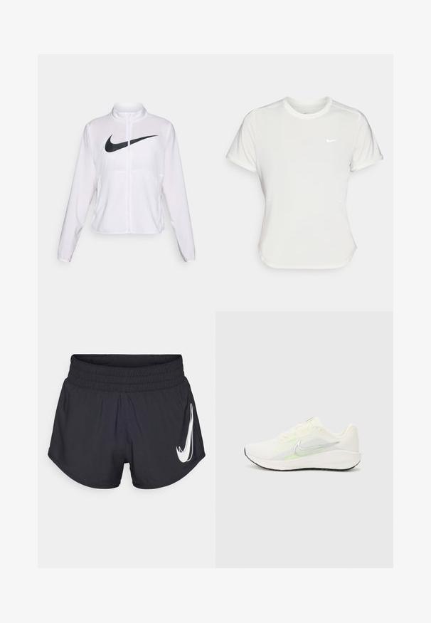 Valge Nike jakk pikkade varrukatega, kõrge krae, lukuga sulgur ja esifaasil silmapaistev must swoosh logo. Sile ja kerge kangas.; Nike T-särk valgetes toonides, lühikeste varrukatega, ümar kaelus, valmistatud siledast ja kergest kangast. Rinnal on peene logo.; Mustad mustad spordilühikesed püksid elastse vöökohtaga, kumerate äärtega ja silmapaistva valge Nike logo vasakul küljel. Sile ja kerge kangas.; Nike Performance DOWNSHIFTER 13 - Maanteejooksu jalatsid - sail/silver-coloured photon dust/summit white/barely volt/black