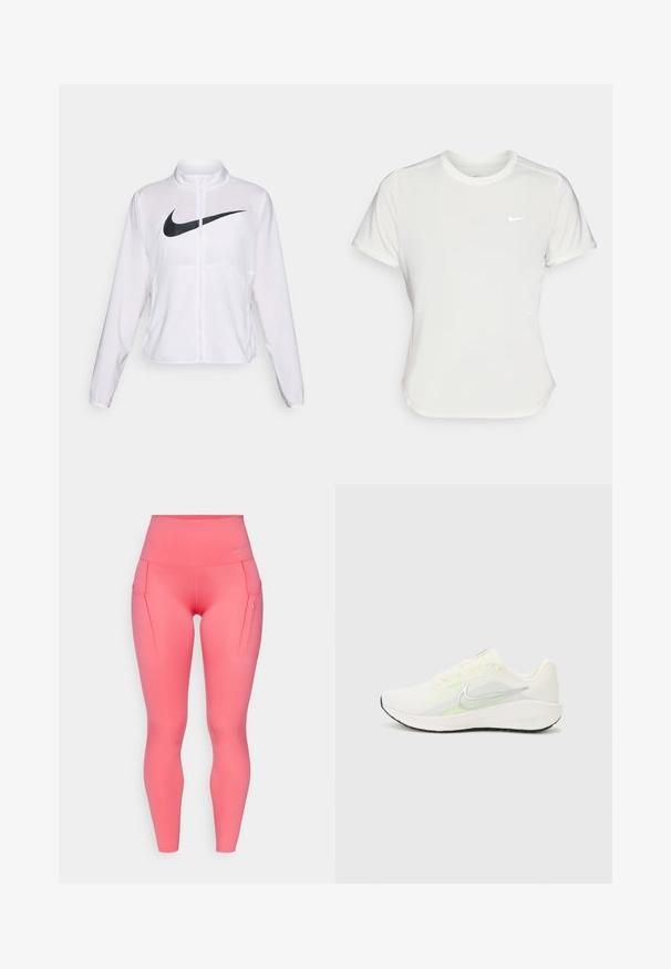 White Nike jacket with long sleeves, high collar, zip closure, and a prominent black swoosh logo on the front. Smooth, lightweight fabric.; Nike T-shirt in white, short sleeves, round neckline, made from a smooth, lightweight fabric. Features a subtle logo on the chest.; High-waisted pink leggings with a smooth texture, featuring two side pockets and a small logo accent near the waistband.; Nike Performance DOWNSHIFTER 13 - Road running shoes - sail/silver-coloured photon dust/summit white/barely volt/black