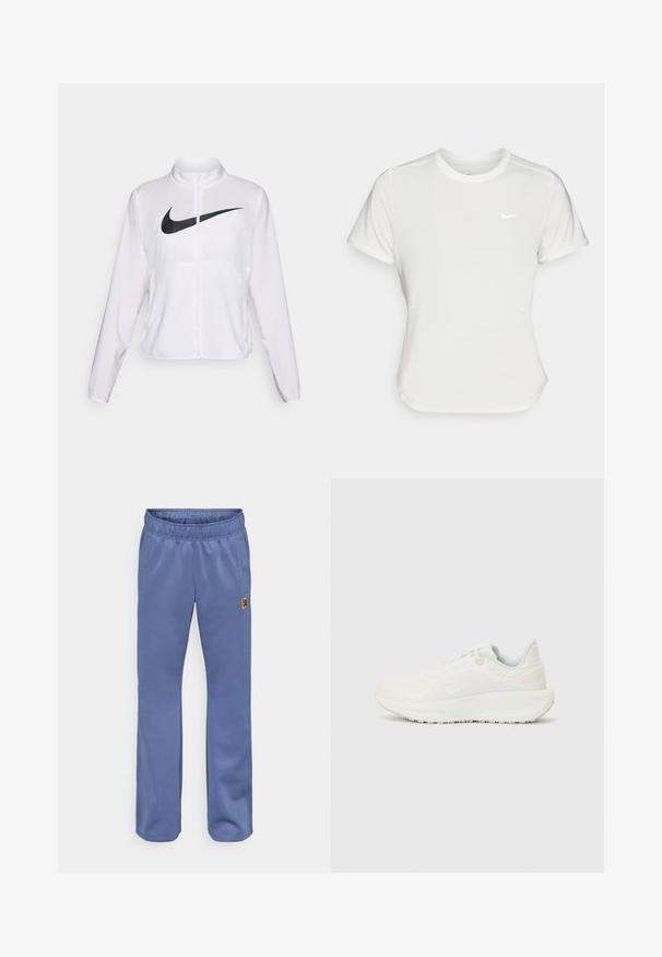Balta Nike jaka ar garām piedurknēm, augstu apkakli, ar rāvējslēdzēja aizdari un izteiktu melnu Swoosh logotipu priekšpusē. Gluda, viegla auduma.; Nike t-krekls baltā krāsā, īsām piedurknēm, ar apaļu kakla izgriezumu, izgatavots no gludas, vieglas auduma. Uz krūtīm ir diskreta logo.; Zili zili svārki ar elastīgu jostasvietu, sānu kabatām un mazu, daudzkrāsainu logo uzlīmi netālu no kreisās kabatas. Mīksta auduma tekstūra.; Baltas sporta apavi ar teksturētu augšdaļu, iešūtām malām un auklām. Roku pielāgota zole un diskrēta zīmola identifikācija sānos.