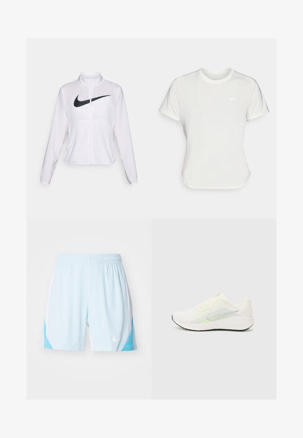 White Nike jacket with long sleeves, high collar, zip closure, and a prominent black swoosh logo on the front. Smooth, lightweight fabric.; Nike T-shirt in white, short sleeves, round neckline, made from a smooth, lightweight fabric. Features a subtle logo on the chest.; Light blue athletic shorts with white side panels, elastic waistband, and Nike logo. Features a smooth texture and sporty design.; Nike Performance DOWNSHIFTER 13 - Road running shoes - sail/silver-coloured photon dust/summit white/barely volt/black