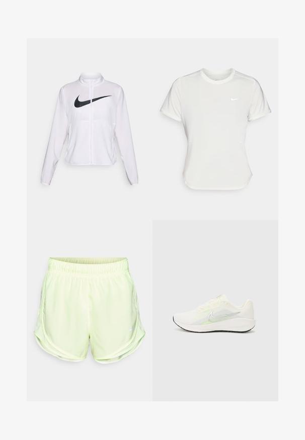 Veste blanche Nike à manches longues, col haut, fermeture éclair et un logo swoosh noir bien visible à l'avant. Tissu lisse et léger.; T-shirt Nike en blanc, à manches courtes, col rond, fabriqué dans un tissu lisse et léger. Présente un logo discret sur la poitrine.; Shorts de sport vert clair avec une taille élastique, des panneaux latéraux en maille et un petit logo blanc en bas à gauche.; Nike Performance DOWNSHIFTER 13 - Chaussures de running sur route - sail/silver-coloured photon dust/summit white/barely volt/black