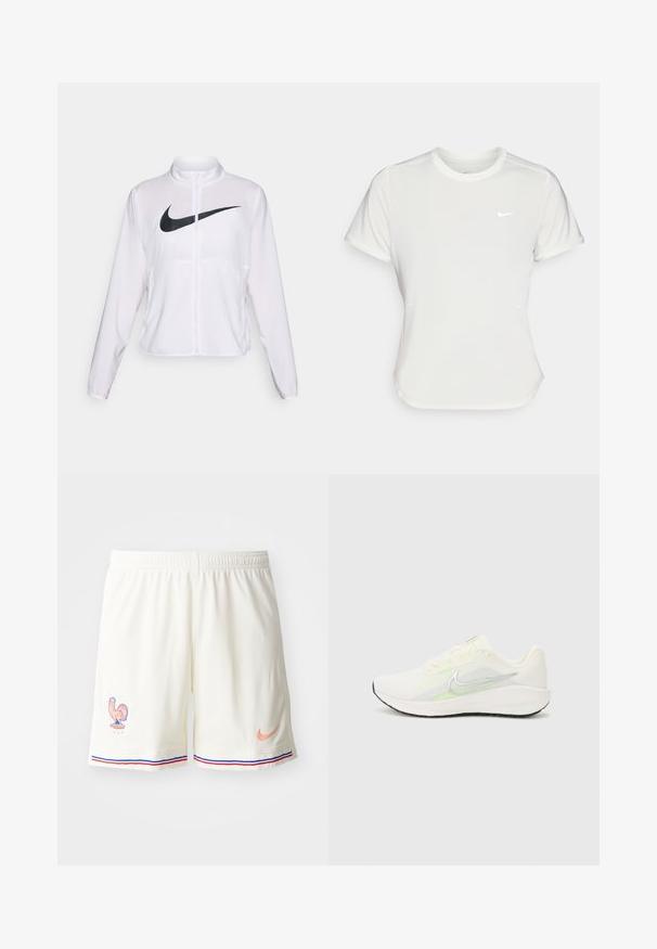 Jachetă albă Nike cu mâneci lungi, guler înalt, închidere cu fermoar și un logo mare swoosh negru pe partea din față. Material fin și ușor.; Tricou Nike alb, cu mâneci scurte, decolteu rotund, fabricat dintr-un material neted și ușor. Prezintă un logo subtil pe piept.; Pantaloni scurți atletici albi, dintr-un material texturat, cu un emblema de cocos și accente contrastante în dungi albastre și roșii la margine. Logo-ul Nike în nuanță de piersică.; Nike Performance DOWNSHIFTER 13 - Pantofi de alergare pe asfalt - sail/silver-coloured photon dust/summit white/barely volt/black