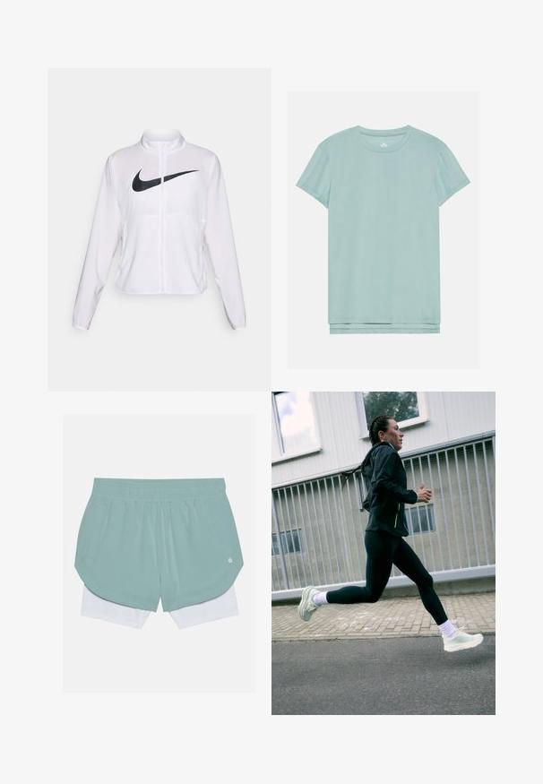 Bílá bunda Nike s dlouhými rukávy, vysokým límcem, zapínáním na zip a výrazným černým logem swoosh na přední straně. Hladká, lehká tkanina.; Světle modré tričko s krátkým rukávem vyrobené z měkké látky s kulatým výstřihem a rovnými lemy. Jednoduchá, hladká textura bez vzorů.; Světlé zelené sportovní šortky s elastickým pasem, mají vrstvený design a bílou podšívku. Obsahují boční kapsy pro uložení.; Běžecké boty ve světle zelené barvě s texturovanou podrážkou, spárované s černými legínami a černou bundou. Běžec je v polovině kroku na asfaltovém povrchu.