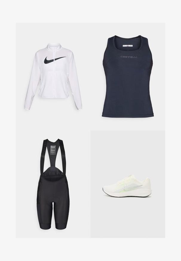 Biała kurtka Nike z długimi rękawami, wysokim kołnierzem, zamkiem błyskawicznym oraz wyraźnym czarnym logo swoosh z przodu. Gładki, lekki materiał.; Granatowa, sportowa koszulka bez rękawów, wykonana z gładkiego, elastycznego materiału. Posiada okrągły dekolt oraz subtelną markę na klatce piersiowej.; Czarne, pikowane spodenki rowerowe z szelkami, charakteryzujące się regulowanymi paskami, gładkim materiałem oraz tapered nogawkami z bocznymi kieszeniami i detalami brandingowymi.; Nike Performance DOWNSHIFTER 13 biały