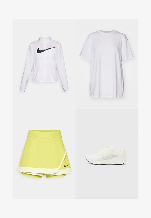 Chaqueta blanca de Nike con mangas largas, cuello alto, cierre de cremallera y un prominente logo negro del swoosh en la parte frontal. Tela suave y ligera.; Camiseta blanca de gran tamaño hecha de algodón, con cuello redondo, mangas cortas y aberturas laterales para un ajuste relajado. Textura suave.; Falda de tenis verde lima con pantalones cortos incorporados; presenta un diseño en capas, el logo negro de Nike y un ribete blanco en el dobladillo.; Nike Performance DOWNSHIFTER 13 - Zapatillas running asfalto - sail/silver-coloured photon dust/summit white/barely volt/black