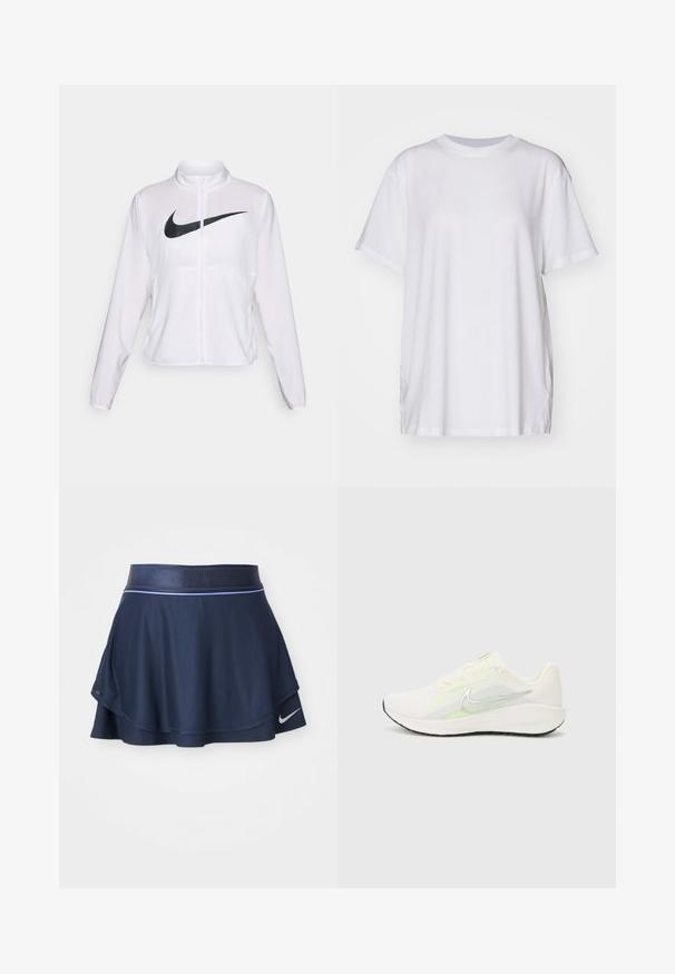 Balta Nike jaka ar garām piedurknēm, augstu apkakli, ar rāvējslēdzēja aizdari un izteiktu melnu Swoosh logotipu priekšpusē. Gluda, viegla auduma.; Balts oversize T-krekls izgatavots no kokvilnas, ar apaļu kakla izgriezumu, īsām piedurknēm un sānu šķelumiem, lai nodrošinātu brīvu piegriezumu. Gluda tekstūra.; Jūras zila sporta svārki, izgatavoti no ribota auduma, ar izplestu dizainu, platu jostu un baltu Nike logo apakšmalā.; Nike Performance DOWNSHIFTER 13 - Apavi skriešanai pa asfaltu - sail/silver-coloured photon dust/summit white/barely volt/black