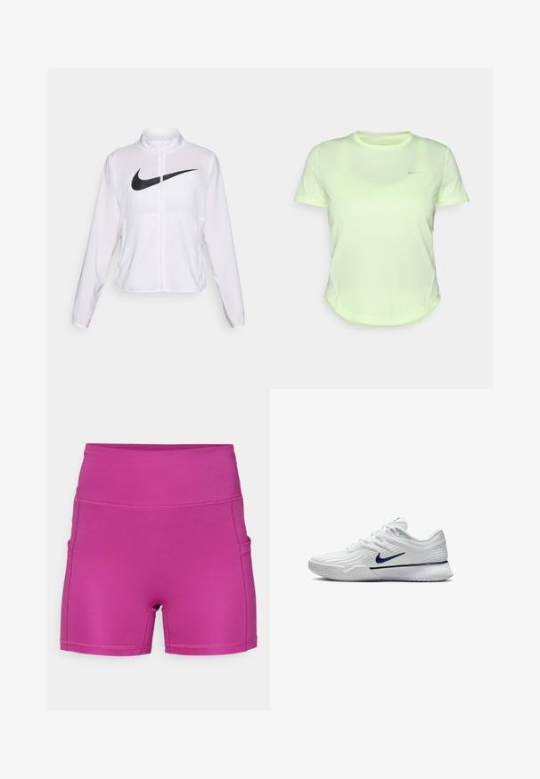 Giacca Nike bianca con maniche lunghe, colletto alto, chiusura con zip e un prominent logo swoosh nero sulla parte anteriore. Tessuto liscio e leggero.; T-shirt Nike a maniche corte, colore giallo-verde brillante, realizzato in tessuto leggero, con un piccolo logo blu navy sul petto e orlo arrotondato.; Shorts da allenamento fucsia realizzati in tessuto elastico, con vita alta e tasche laterali. Texture liscia con cuciture piatte.; Scarpa sportiva bianca con tomaia in mesh testurizzato, accenti blu navy e suola imbottita con una superficie di presa a motivo. Lacci integrati nel design.