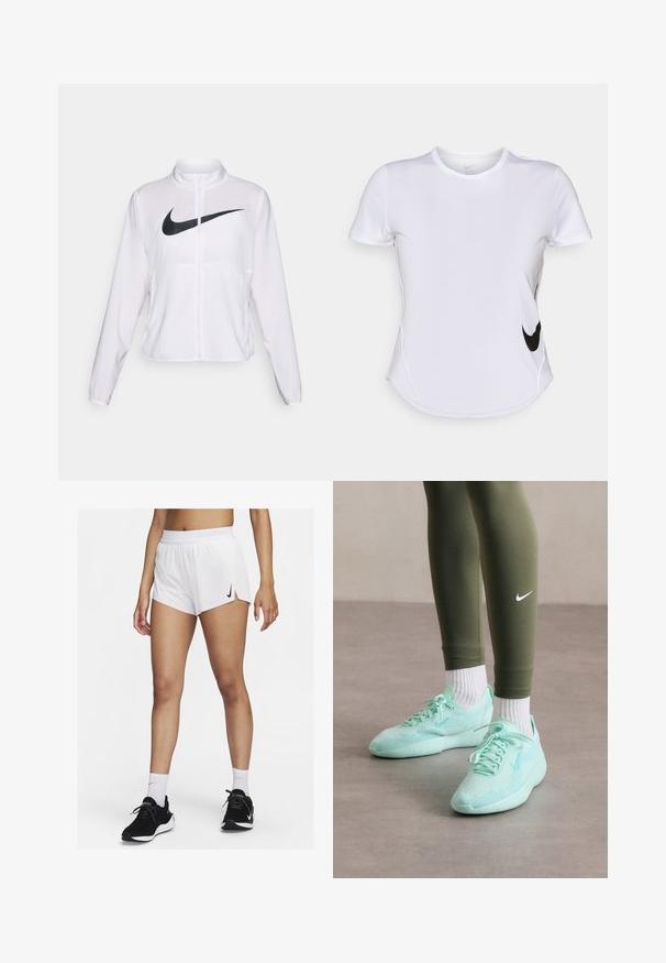 White Nike jacket with long sleeves, high collar, zip closure, and a prominent black swoosh logo on the front. Smooth, lightweight fabric.; White short-sleeve athletic shirt made of smooth fabric, featuring a black Nike logo on the left side and a curved hem at the bottom.; White athletic shorts with a ribbed waistband, side slits, and a black Nike logo. Worn with black sneakers and white crew socks.; Light mint green Nike sneakers with mesh upper and textured sole, paired with olive green leggings and white socks.