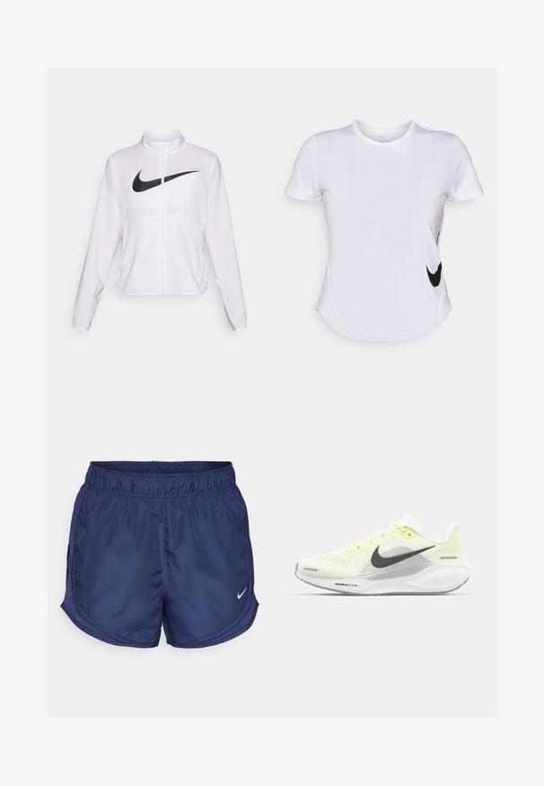Weiße Nike-Jacke mit langen Ärmeln, hohem Kragen, Reißverschluss und einem auffälligen schwarzen Swoosh-Logo auf der Vorderseite. Glattes, leichtes Material.; Weißes, kurzärmliges Sportshirt aus glattem Stoff, mit einem schwarzen Nike-Logo auf der linken Seite und einem abgerundeten Saum am unteren Ende.; Marineblaue Sportshorts mit einem elastischen Bund und seitlichen Mesh-Einsätzen. Auf der unteren linken Seite befindet sich ein kleines weißes Nike-Logo.; Nike Laufschuhe mit einem hellgelben und weißen Mesh-Obermaterial, grauen Akzenten und einer flexiblen Gummisohle. Verfügt über einen Schnürverschluss.