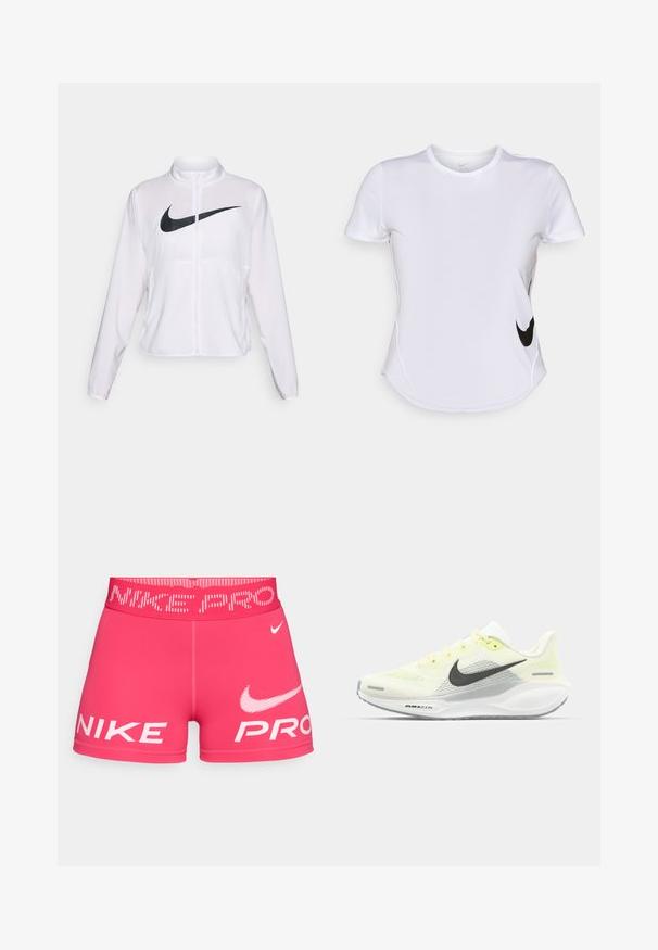 Giacca Nike bianca con maniche lunghe, colletto alto, chiusura con zip e un prominent logo swoosh nero sulla parte anteriore. Tessuto liscio e leggero.; Maglietta sportiva bianca a maniche corte in tessuto morbido, con il logo Nike nero sul lato sinistro e un orlo curvo nella parte inferiore.; Pantaloni sportivi rosa con una cintura larga con logo. Presentano un audace marchio bianco "NIKE" e "PRO" sul davanti e un tessuto liscio e elastico.; Scarpe da corsa Nike con una tomaia in rete giallo chiaro e bianco, dettagli grigi e una suola in gomma flessibile. Presentano una chiusura con lacci.
