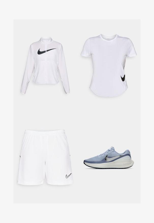 White Nike jacket with long sleeves, high collar, zip closure, and a prominent black swoosh logo on the front. Smooth, lightweight fabric.; White short-sleeve athletic shirt made of smooth fabric, featuring a black Nike logo on the left side and a curved hem at the bottom.; White athletic shorts with an elastic waistband, featuring a black Nike swoosh logo on the lower left side and subtle textured detailing.; Light blue and white Nike running shoe with silver swoosh, breathable mesh upper, cushioned sole, and black outsole tread.