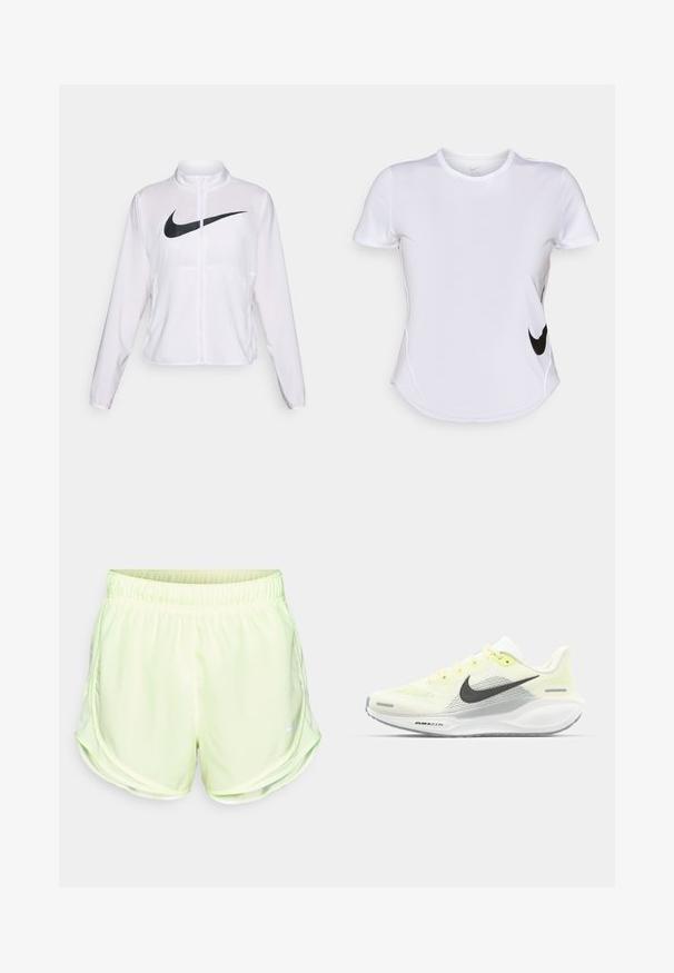 Witte Nike jack met lange mouwen, hoge kraag, ritssluiting en een opvallend zwart swoosh-logo aan de voorkant. Glad, lichtgewicht stof.; Witte sportshirt met korte mouwen van gladde stof, met een zwart Nike-logo aan de linkerkant en een gebogen zoom onderaan.; Lichtgroene sportshorts met een elastische tailleband, mesh zijpanelen en een klein wit logo aan de onderkant van de linkerzijde.; Nike hardloopschoenen met een lichtgele en witte mesh bovenkant, grijze accenten en een flexibele rubberen zool. Voorzien van een vetersluiting.