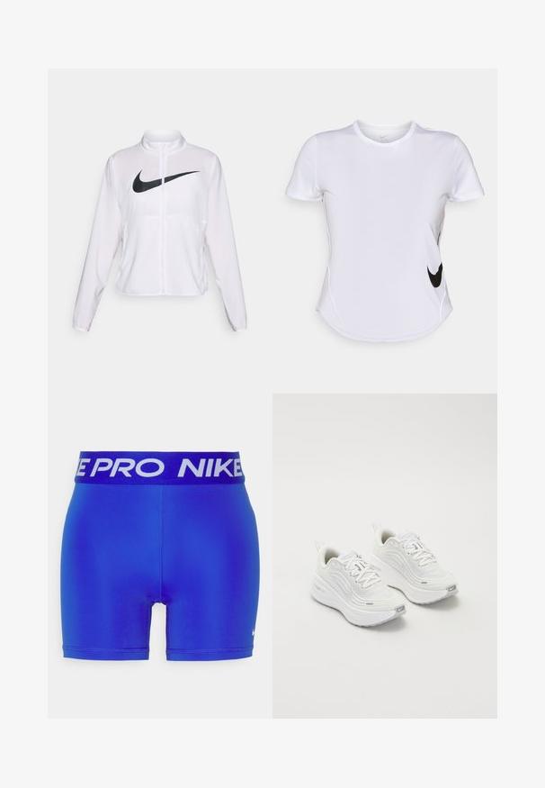 Witte Nike jack met lange mouwen, hoge kraag, ritssluiting en een opvallend zwart swoosh-logo aan de voorkant. Glad, lichtgewicht stof.; Witte sportshirt met korte mouwen van gladde stof, met een zwart Nike-logo aan de linkerkant en een gebogen zoom onderaan.; Blauwe sportshorts met een zwarte elastische tailleband waarop "NIKE PRO" in het wit staat. Gladde textuur en aansluitend ontwerp.; Witte sportieve schoenen met een gestructureerde mesh bovenkant, een comfortabele zool en subtiele grijze accenten. Inclusief branding en een lus aan de hiel voor eenvoudig aan- en uittrekken.
