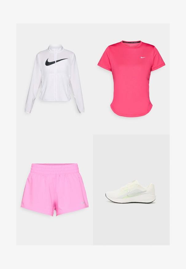 Bijela Nike jakna s dugim rukavima, visokim ovratnikom, zatvaranjem na patentni zatvarač i istaknutim crnim swoosh logom sprijeda. Glatka, lagana tkanina.; Roza majica kratkih rukava za sport od glatkog, laganog materijala. Ima mali bijeli Nike logo na prsima i suptilno zakrivljen rub.; Svijetloružičaste sportske kratke hlače s elastičnom gumom u struku i malim sivim Nike logom na donjem lijevom rubu, na bijeloj pozadini.; Nike Performance DOWNSHIFTER 13 - Tenisice za cestovno trčanje - sail/silver-coloured photon dust/summit white/barely volt/black