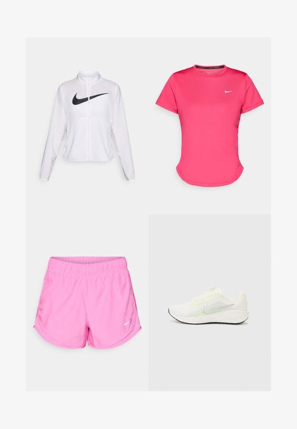 Bela Nike jakna z dolgimi rokavi, visokim ovratnikom, zadrgo in izstopajočim črnim znakomm Swoosh na sprednji strani. Gladek, lahek material.; Rosa kratka športna majica zadrgoprkva, izdelana iz gladkega in lahkega materiala. Ima majhen bel Nike logotip na prsih in subtilno ukrivljen rob.; Roza športna kratka hlače iz lahke tkanine, z elastičnim pasom in belim logotipom Nike na spodnji levi strani.; Nike Performance DOWNSHIFTER 13 - Tekaški copati za cesto - sail/silver-coloured photon dust/summit white/barely volt/black