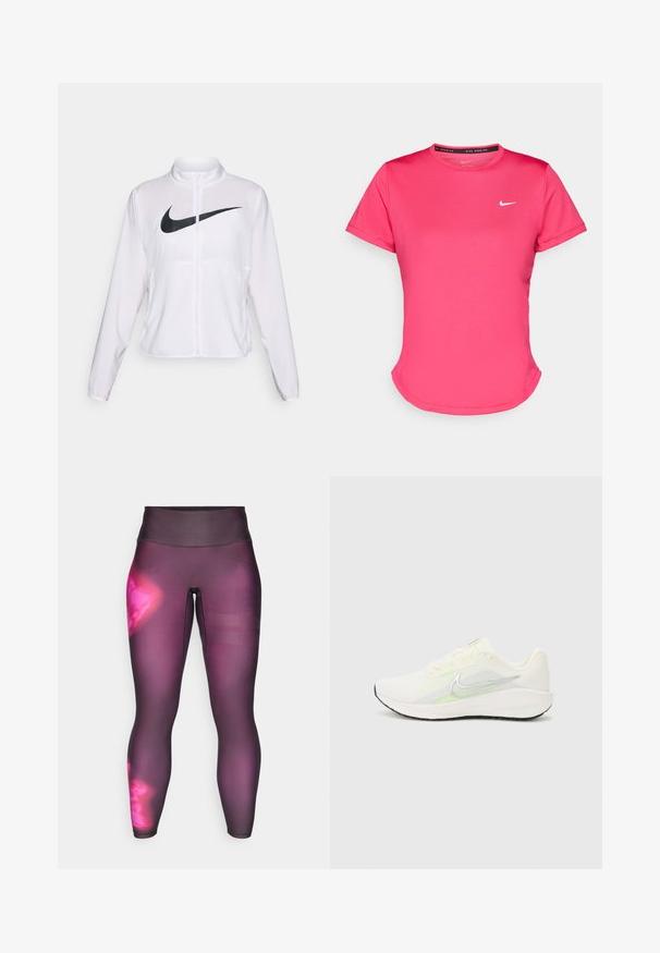 White Nike jacket with long sleeves, high collar, zip closure, and a prominent black swoosh logo on the front. Smooth, lightweight fabric.; Short-sleeve pink athletic t-shirt made of a smooth, lightweight fabric. Features a small white Nike logo on the chest and subtle curved hem.; Purple athletic leggings with a high waistband, featuring a gradient design and mesh stripes on the lower leg for ventilation.; Nike Performance DOWNSHIFTER 13 - Road running shoes - sail/silver-coloured photon dust/summit white/barely volt/black