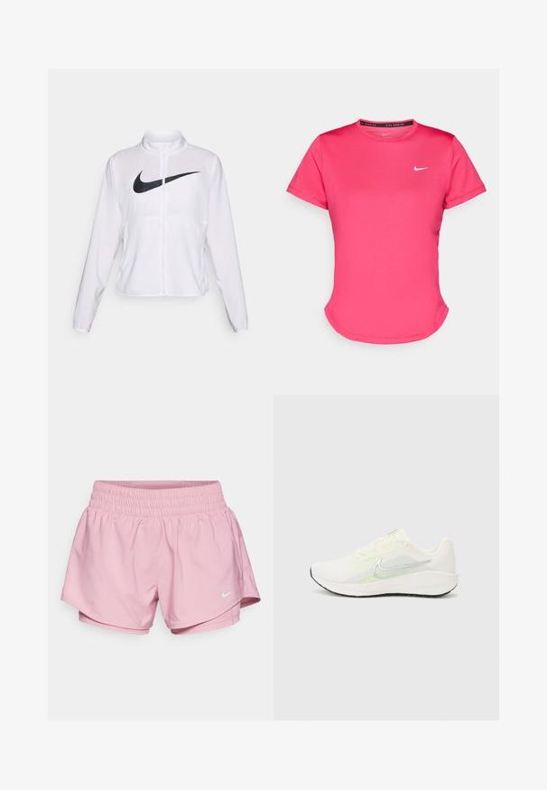 Bijela Nike jakna s dugim rukavima, visokim ovratnikom, zatvaranjem na patentni zatvarač i istaknutim crnim swoosh logom sprijeda. Glatka, lagana tkanina.; Roza majica kratkih rukava za sport od glatkog, laganog materijala. Ima mali bijeli Nike logo na prsima i suptilno zakrivljen rub.; Nike Performance ONE - Kratke hlače 2-u-1 - elemental pink/reflective silver; Nike Performance DOWNSHIFTER 13 - Tenisice za cestovno trčanje - sail/silver-coloured photon dust/summit white/barely volt/black