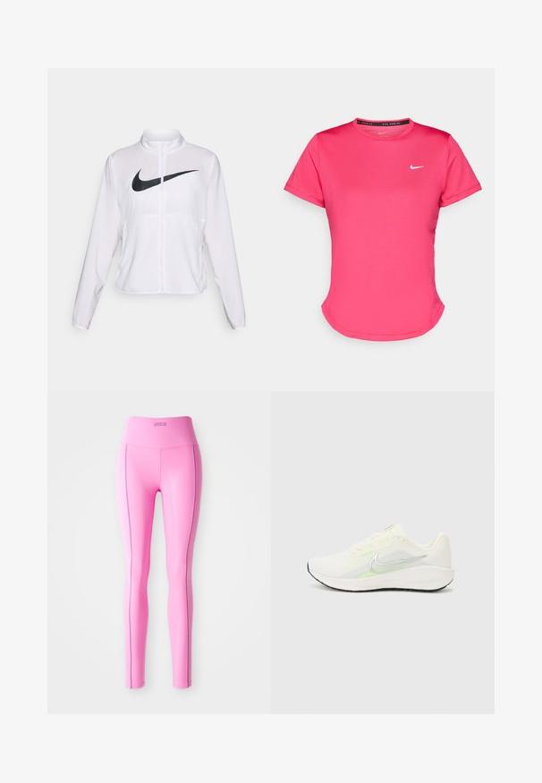 Valge Nike jakk pikkade varrukatega, kõrge krae, lukuga sulgur ja esifaasil silmapaistev must swoosh logo. Sile ja kerge kangas.; Lühikeste varrukatega roosa sportlik t-särk, mis on valmistatud siledast ja kergekaalulisest kangast. Esiküljel on väike valge Nike logo ja diskreetne kumer äär.; Körpernaht rosa leggins, mis palju venivat kangast, kõrge läbilöögi ja erineva põhivärvi servadega. Sile tekstuur ja nähtamatud mustrid.; Nike Performance DOWNSHIFTER 13 - Maanteejooksu jalatsid - sail/silver-coloured photon dust/summit white/barely volt/black