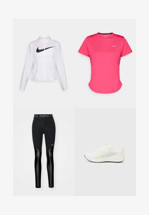 White Nike jacket with long sleeves, high collar, zip closure, and a prominent black swoosh logo on the front. Smooth, lightweight fabric.; Short-sleeve pink athletic t-shirt made of a smooth, lightweight fabric. Features a small white Nike logo on the chest and subtle curved hem.; Black athletic leggings with a mesh panel design. Features a wide waistband with "NIKE PRO" lettering and a small white logo on the front.; Nike Performance DOWNSHIFTER 13 - Road running shoes - sail/silver-coloured photon dust/summit white/barely volt/black