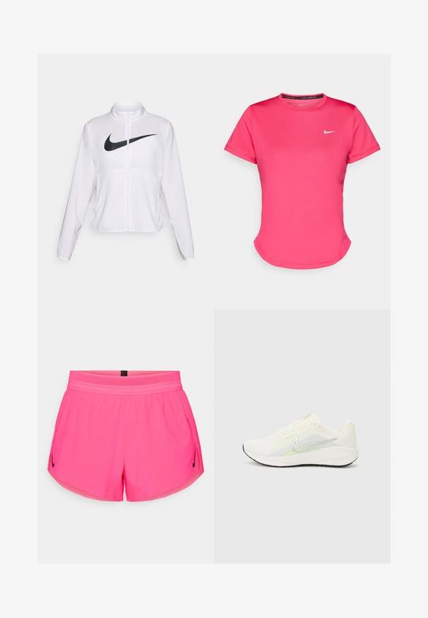 Bijela Nike jakna s dugim rukavima, visokim ovratnikom, zatvaranjem na patentni zatvarač i istaknutim crnim swoosh logom sprijeda. Glatka, lagana tkanina.; Roza majica kratkih rukava za sport od glatkog, laganog materijala. Ima mali bijeli Nike logo na prsima i suptilno zakrivljen rub.; Ružičaste atletske kratke hlače s prozračnim pojasom, koje imaju bočne džepove i mali crni Nike logo s lijeve strane. Glatka tkanina.; Nike Performance DOWNSHIFTER 13 - Tenisice za cestovno trčanje - sail/silver-coloured photon dust/summit white/barely volt/black