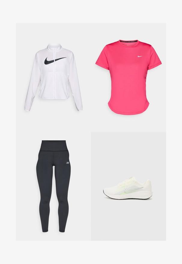 Valge Nike jakk pikkade varrukatega, kõrge krae, lukuga sulgur ja esifaasil silmapaistev must swoosh logo. Sile ja kerge kangas.; Lühikeste varrukatega roosa sportlik t-särk, mis on valmistatud siledast ja kergekaalulisest kangast. Esiküljel on väike valge Nike logo ja diskreetne kumer äär.; Mustad kõrge vöökohtadega treeningpüksid, millel on läikiv disain, sile tekstuur ja väike valge logo vasakul puusal.; Nike Performance DOWNSHIFTER 13 - Maanteejooksu jalatsid - sail/silver-coloured photon dust/summit white/barely volt/black