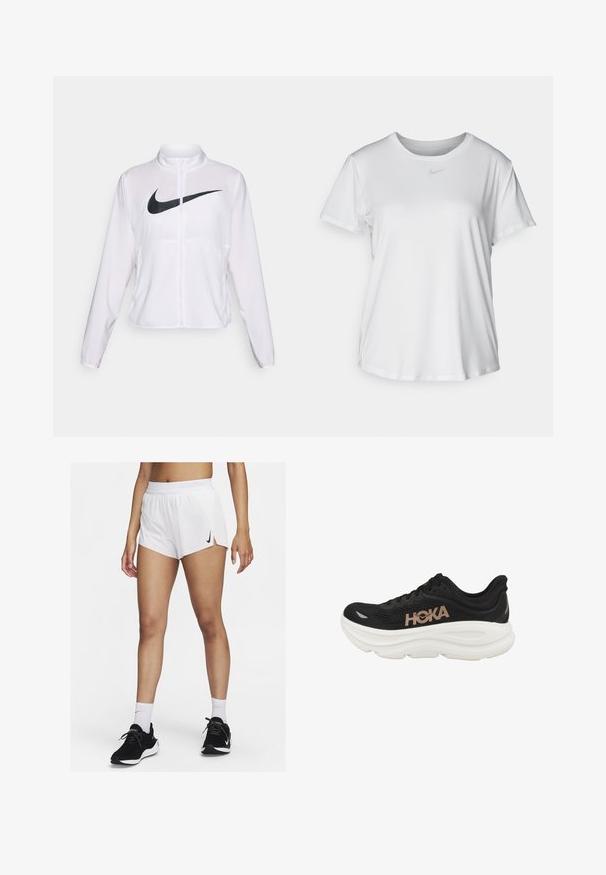 Jachetă albă Nike cu mâneci lungi, guler înalt, închidere cu fermoar și un logo mare swoosh negru pe partea din față. Material fin și ușor.; Tricou alb cu mânecă scurtă, confecționat dintr-un material neted, având guler rotund și un mic logo Nike gri pe piept.; Pantaloni scurți albi pentru atletism cu talie cu dungi, fante laterale și un logo Nike negru. Purtați cu adidași negri și șosete albe până la glezne.; Pantofii de alergare negri cu un superior din plasă texturată, logo-ul HOKA proeminent în aur, un mijloc generos de alb și detalii subtile ale tălpii din cauciuc.