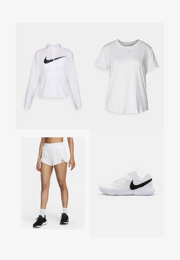Biała kurtka Nike z długimi rękawami, wysokim kołnierzem, zamkiem błyskawicznym oraz wyraźnym czarnym logo swoosh z przodu. Gładki, lekki materiał.; Biała koszulka z krótkim rękawem, uszyta z gładkiego materiału, z okrągłym dekoltem i małym szarym logo Nike na piersi.; Białe sportowe szorty z prążkowanym pasem, bocznymi rozporkami i czarnym logo Nike. Noszone z czarnymi trampkami i białymi skarpetami za kostkę.; Białe sportowe buty z teksturowaną skórzaną cholewką, czarnym logo swoosh i wyściełanym kołnierzem. Posiadają gumową podeszwę dla lepszej przyczepności.