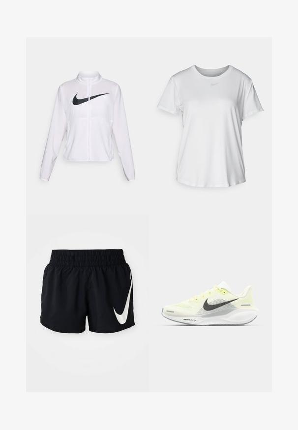 Chaqueta blanca de Nike con mangas largas, cuello alto, cierre de cremallera y un prominente logo negro del swoosh en la parte frontal. Tela suave y ligera.; Camiseta blanca de manga corta hecha de tejido suave, con un escote redondo y un pequeño logo de Nike gris en el pecho.; Pantalones cortos deportivos negros con una cinturilla elástica, que presentan un gran logo blanco de Nike en la parte frontal y una tela suave y ligera.; Zapatillas de correr Nike con una parte superior de malla en amarillo claro y blanco, detalles en gris y una suela de goma flexible. Cuenta con un cierre de cordones.