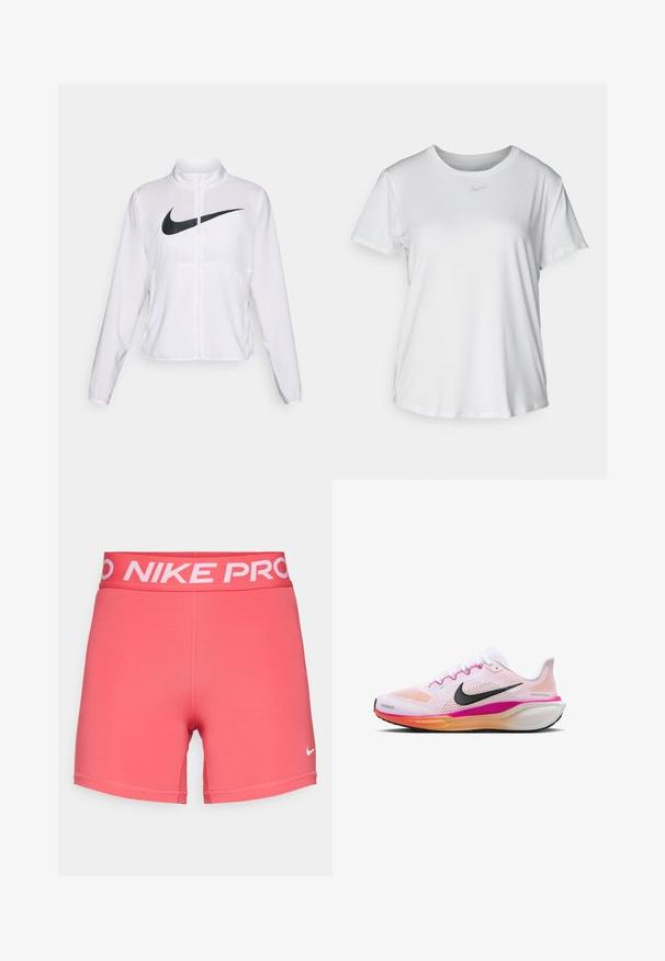 Biała kurtka Nike z długimi rękawami, wysokim kołnierzem, zamkiem błyskawicznym oraz wyraźnym czarnym logo swoosh z przodu. Gładki, lekki materiał.; Biała koszulka z krótkim rękawem, uszyta z gładkiego materiału, z okrągłym dekoltem i małym szarym logo Nike na piersi.; Nike Performance - Rajstopy; Białe buty biegowe z siateczkową cholewką, różowymi i pomarańczowymi akcentami, czarnym logo w kształcie łyżwy, gumową podeszwą i amortyzującą podeszwą środkową dla komfortu.