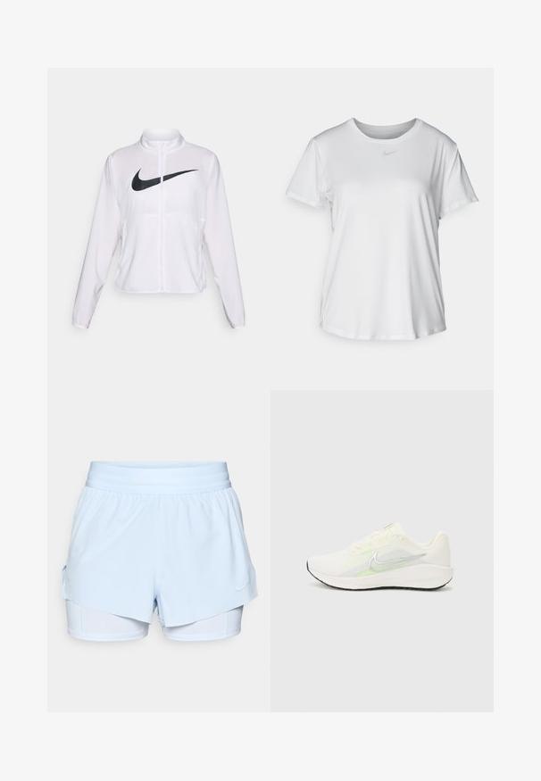 White Nike jacket with long sleeves, high collar, zip closure, and a prominent black swoosh logo on the front. Smooth, lightweight fabric.; White short-sleeve T-shirt made of smooth fabric, featuring a round neckline and a small grey Nike logo on the chest.; Light blue athletic shorts with a layered design, elastic waistband, and inner shorts. Features Nike logo on the lower right side.; Nike Performance DOWNSHIFTER 13 - Road running shoes - sail/silver-coloured photon dust/summit white/barely volt/black