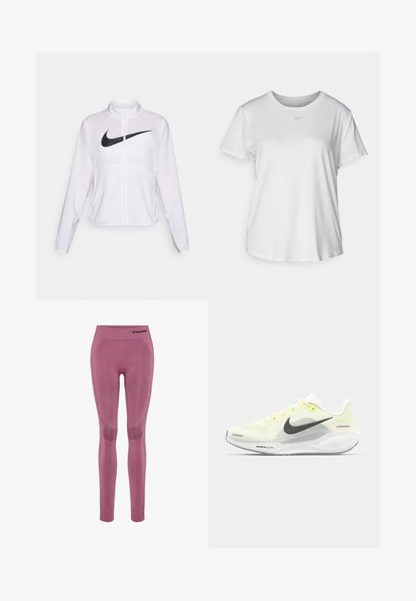 Witte Nike jack met lange mouwen, hoge kraag, ritssluiting en een opvallend zwart swoosh-logo aan de voorkant. Glad, lichtgewicht stof.; Witte T-shirt met korte mouwen van gladde stof, met een ronde halslijn en een klein grijs Nike-logo op de borst.; Geveste legging in een zachte mauve kleur, met ademende meshpanelen en een elastische tailleband met het Hummel-logo op de taille.; Nike hardloopschoenen met een lichtgele en witte mesh bovenkant, grijze accenten en een flexibele rubberen zool. Voorzien van een vetersluiting.