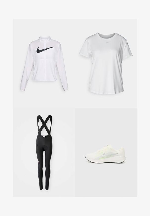 Vit Nike-jacka med långa ärmar, hög krage, blixtlåsstängning och en framträdande svart swoosh-logotyp på framsidan. Slät, lättviktsmaterial.; Vit T-shirt med kort ärm tillverkad av slätt material, med rund halsringning och en liten grå Nike-logotyp på bröstet.; Svarta cykelbyxor med vadderat säte och korsade axelremmar, uppvisade mot en vit bakgrund.; Nike Performance DOWNSHIFTER 13 - Väglöparskor - sail/silver-coloured photon dust/summit white/barely volt/black