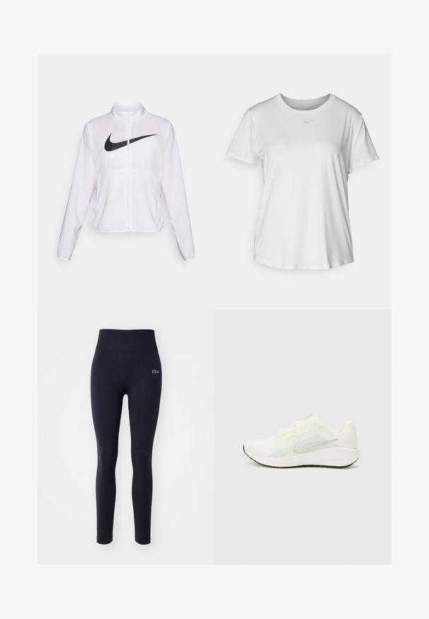 Veste blanche Nike à manches longues, col haut, fermeture éclair et un logo swoosh noir bien visible à l'avant. Tissu lisse et léger.; T-shirt blanc à manches courtes en tissu lisse, avec un col rond et un petit logo Nike gris sur la poitrine.; Leggings navy en tissu extensible et doux avec une taille haute. Présentent un logo sur la hanche gauche et un design lisse et épuré.; Nike Performance DOWNSHIFTER 13 - Chaussures de running sur route - sail/silver-coloured photon dust/summit white/barely volt/black
