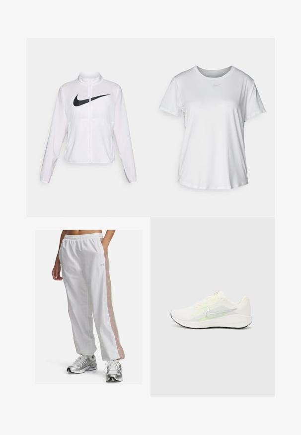 Bílá bunda Nike s dlouhými rukávy, vysokým límcem, zapínáním na zip a výrazným černým logem swoosh na přední straně. Hladká, lehká tkanina.; Bílý krátký rukáv tričko z hladké tkaniny, s kulatým výstřihem a malým šedým logem Nike na hrudi.; Bílé sportovní kalhoty s elastickým pasem, zdobené pastelově růžovými a béžovými bočními pruhy. Vyrobeny z lehké, hladké tkaniny.; Nike Performance DOWNSHIFTER 13 - Silniční běžecké boty - sail/silver-coloured photon dust/summit white/barely volt/black