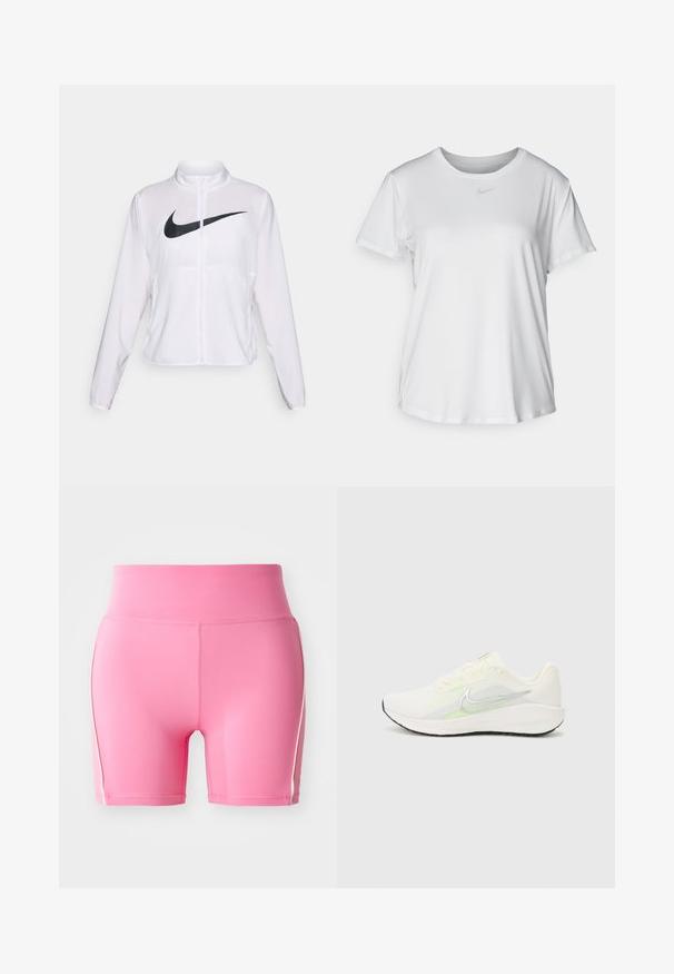 Witte Nike jack met lange mouwen, hoge kraag, ritssluiting en een opvallend zwart swoosh-logo aan de voorkant. Glad, lichtgewicht stof.; Witte T-shirt met korte mouwen van gladde stof, met een ronde halslijn en een klein grijs Nike-logo op de borst.; Roze sportshorts met een hoge taille, aansluitend ontwerp en contrasterende witte zijstrepen. Glad, rekbaar materiaal met een vochtregulerende textuur.; Nike Performance DOWNSHIFTER 13 - Hardloopschoenen voor op de weg - sail/silver-coloured photon dust/summit white/barely volt/black