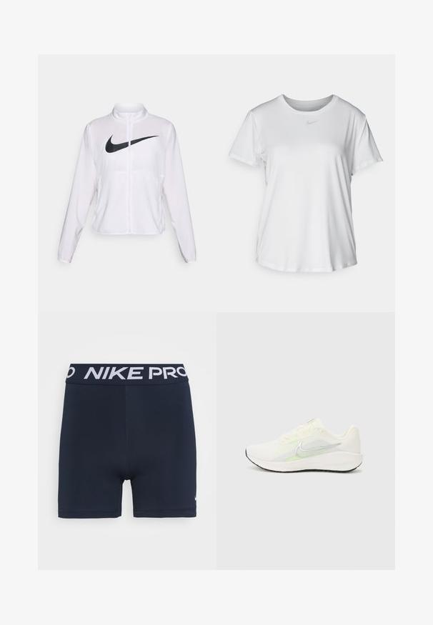 Valge Nike jakk pikkade varrukatega, kõrge krae, lukuga sulgur ja esifaasil silmapaistev must swoosh logo. Sile ja kerge kangas.; Valge lühikeste varrukatega T-särk, mis on valmistatud siledast kangast, ümarate kaelustega ning mille rinnal on väike hall Nike logo.; Tumesinised Nike Pro lühikesed püksid elastse vööni ja valge "NIKE PRO" brändinguga. Sile veniv materjal ja istuv disain.; Nike Performance DOWNSHIFTER 13 - Maanteejooksu jalatsid - sail/silver-coloured photon dust/summit white/barely volt/black