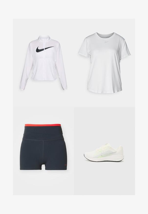 Balta Nike jaka ar garām piedurknēm, augstu apkakli, ar rāvējslēdzēja aizdari un izteiktu melnu Swoosh logotipu priekšpusē. Gluda, viegla auduma.; Balta īsām piedurknēm T-kreklā, kas izgatavota no gludas auduma, ar apaļo kakla izgriezumu un mazu pelēku Nike logo uz krūšu.; Navy blue sporta šorti ar augstu jostasviju, ar kontrastējošu sarkanu augšējo joslu un redzamām šuvēm.; Nike Performance DOWNSHIFTER 13 - Apavi skriešanai pa asfaltu - sail/silver-coloured photon dust/summit white/barely volt/black