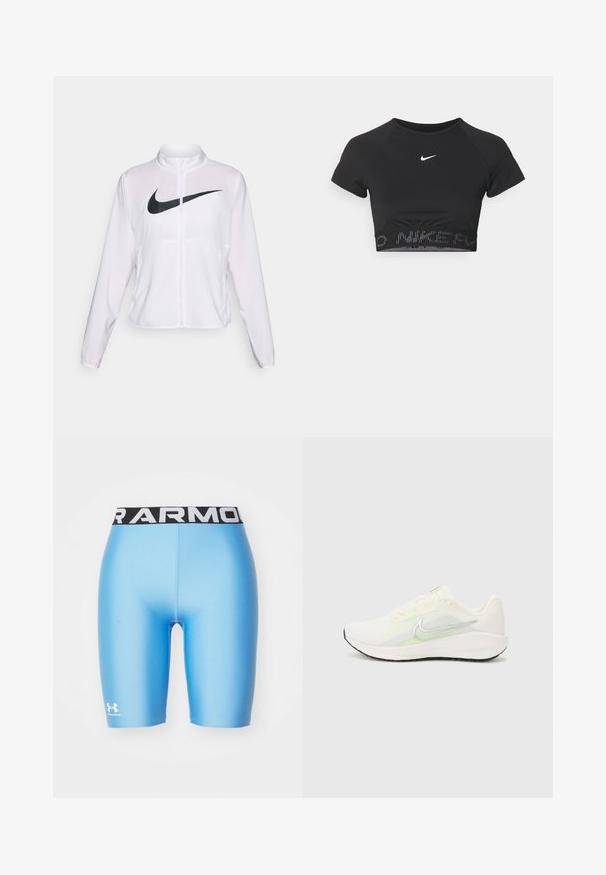Witte Nike jack met lange mouwen, hoge kraag, ritssluiting en een opvallend zwart swoosh-logo aan de voorkant. Glad, lichtgewicht stof.; Zwarte sporttop met korte mouwen, voorzien van een wit Nike-logo en een getextureerde band met "NIKE" in een patroon aan de onderkant.; Blauwe compressie short gemaakt van glad, rekbaar materiaal. Voorzien van een zwarte tailleband met een logo en een aansluitend ontwerp voor optimale prestaties.; Nike Performance DOWNSHIFTER 13 - Hardloopschoenen voor op de weg - sail/silver-coloured photon dust/summit white/barely volt/black