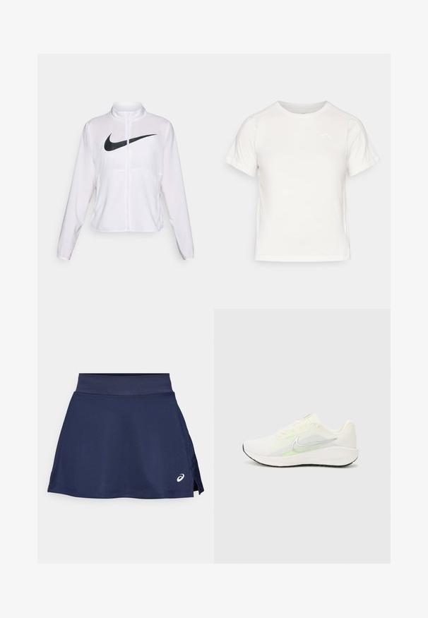 Jachetă albă Nike cu mâneci lungi, guler înalt, închidere cu fermoar și un logo mare swoosh negru pe partea din față. Material fin și ușor.; Tricou alb ușor, cu mâneci scurte, guler rotund și un logo mic în colțul din stânga sus. Material neted cu un luciu subtil.; Fustă sport navy realizată dintr-un material neted, cu un brâu elastic lat și fante laterale pentru mobilitate. Logo alb mic în partea din față.; Nike Performance DOWNSHIFTER 13 - Pantofi de alergare pe asfalt - sail/silver-coloured photon dust/summit white/barely volt/black