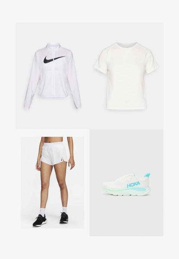 Biała kurtka Nike z długimi rękawami, wysokim kołnierzem, zamkiem błyskawicznym oraz wyraźnym czarnym logo swoosh z przodu. Gładki, lekki materiał.; Lekka biała koszulka z krótkim rękawem, okrągłym dekoltem i małym logo w lewym górnym rogu. Gładki materiał o subtelnej połysku.; Białe sportowe szorty z prążkowanym pasem, bocznymi rozporkami i czarnym logo Nike. Noszone z czarnymi trampkami i białymi skarpetami za kostkę.; Biała sportowa śnieg z jasnoniebieskimi akcentami; siateczkowa cholewka, wyściółka wokół kostki, gruba podeszwa środkowa i fakturowana podeszwa zewnętrzna zapewniająca przyczepność. Logo HOKA widoczne.