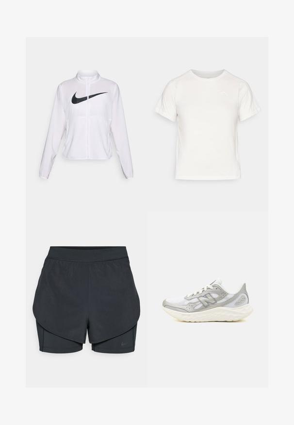 Valge Nike jakk pikkade varrukatega, kõrge krae, lukuga sulgur ja esifaasil silmapaistev must swoosh logo. Sile ja kerge kangas.; Kerge valge T-särk lühikeste varrukatega, ümmarguse kaelusega ja väikese logoga vasakus ülanurgas. Sile kangas, millel on õrn läige.; Mustad musta sportlikud lühikesed püksid kihilise disainiga, millel on sile välimine kiht ja istuvad sisepüksid. Valmistatud kergest, venivast kangast.; Hallide ja valged võrgusilma jooksmise kingad pehme tallaga. Omadused hõlmavad tekstureeritud ülemist osa, paeltega kinnitust ja silmapaistvat brändi logo.