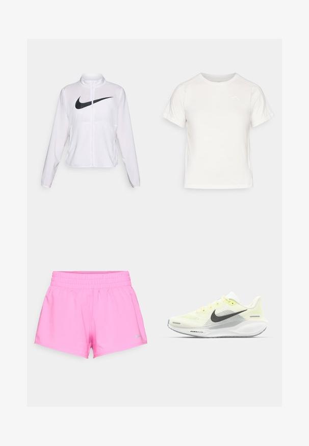 Weiße Nike-Jacke mit langen Ärmeln, hohem Kragen, Reißverschluss und einem auffälligen schwarzen Swoosh-Logo auf der Vorderseite. Glattes, leichtes Material.; Leichtes weißes T-Shirt mit kurzen Ärmeln, Rundhalsausschnitt und einem kleinen Logo in der oberen linken Ecke. Glatte Stoffoberfläche mit leichtem Glanz.; Helle rosa Sportshorts mit elastischem Bund und kleinem grauen Nike-Logo am unteren linken Saum vor weißem Hintergrund.; Nike Laufschuhe mit einem hellgelben und weißen Mesh-Obermaterial, grauen Akzenten und einer flexiblen Gummisohle. Verfügt über einen Schnürverschluss.