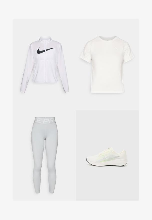 Vit Nike-jacka med långa ärmar, hög krage, blixtlåsstängning och en framträdande svart swoosh-logotyp på framsidan. Slät, lättviktsmaterial.; Lätt vit T-shirt med korta ärmar, rund hals och en liten logotyp i det övre vänstra hörnet. Slät tyg med en subtil lyster.; Ljust grå Nike Pro högmidjade helängdsleggings med logotyp på midjebandet och en liten vit swoosh på vänster lår.; Nike Performance DOWNSHIFTER 13 - Väglöparskor - sail/silver-coloured photon dust/summit white/barely volt/black