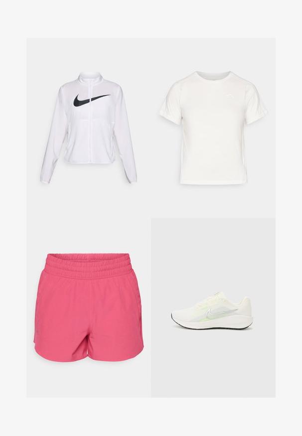 Vit Nike-jacka med långa ärmar, hög krage, blixtlåsstängning och en framträdande svart swoosh-logotyp på framsidan. Slät, lättviktsmaterial.; Lätt vit T-shirt med korta ärmar, rund hals och en liten logotyp i det övre vänstra hörnet. Slät tyg med en subtil lyster.; Rosa träningsshorts med elastiskt midjeband, med en slät textur och lätt stretch. Två sidfickor är integrerade i designen.; Nike Performance DOWNSHIFTER 13 - Väglöparskor - sail/silver-coloured photon dust/summit white/barely volt/black
