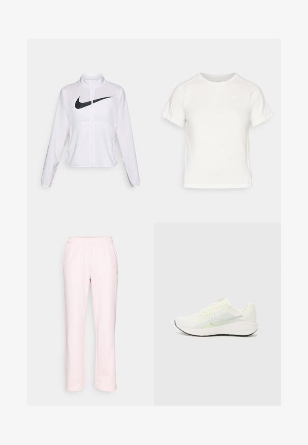 Biała kurtka Nike z długimi rękawami, wysokim kołnierzem, zamkiem błyskawicznym oraz wyraźnym czarnym logo swoosh z przodu. Gładki, lekki materiał.; Lekka biała koszulka z krótkim rękawem, okrągłym dekoltem i małym logo w lewym górnym rogu. Gładki materiał o subtelnej połysku.; Jasnoróżowe dresy wykonane z miękkiego materiału, z elastycznym pasem i prostymi nogawkami. Bez kieszeni i widocznych elementów metalowych.; Nike Performance DOWNSHIFTER 13 biały